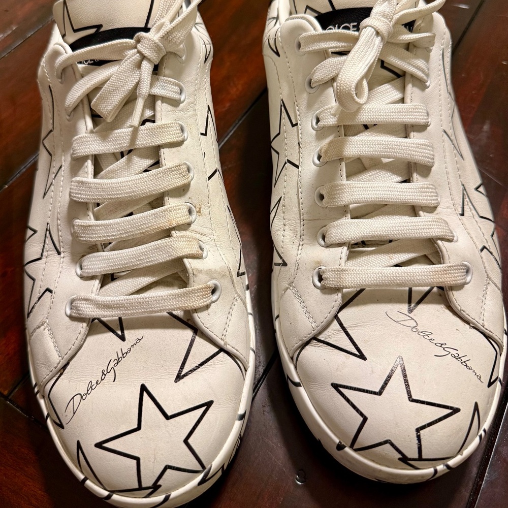 DOLCE & GABBANA MENS WHITE LOW TOP LEATHER SNEAKERS WITH STARS - Picture 3 of 5